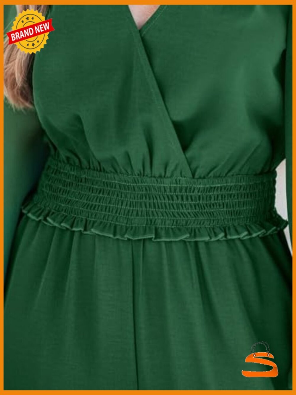 Long Sleeve Jumpsuit Dressy Smocked Waist V Neck Wide Leg Flowy One Piece - Picture 7 of 7